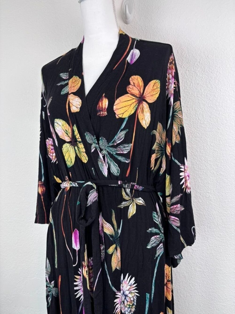 Soma cool nights large XL black botanical floral kimono tie robe loungewear - Picture 2 of 8